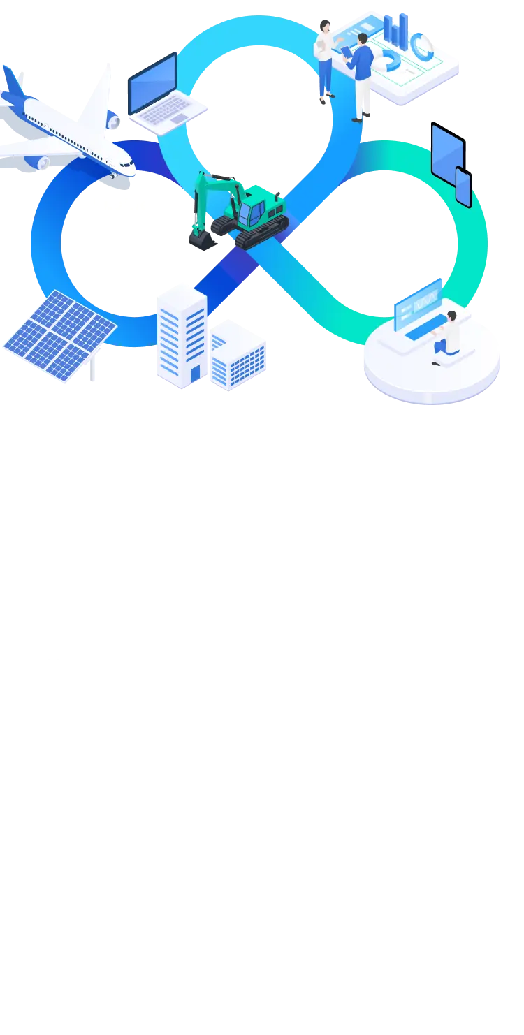 3つの柱についての図。01は金融。幅広い顧客基盤、グローバルベースでのネットワーク、資金調達力。02は事業。航空機、不動産、環境エネルギー、サーキュラーエコノミー分野等での事業展開力。03はDX。経験豊富なエンジニアと現場が一体となって取り組む、内製開発DXソリューション。三つの要素の背景に∞型のループがあり、飛行機、ノートPC、建機、ビル群、スマートデバイス、人のイラストが配置されている。